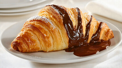 A French croissant made from puff pastry and dusted with powdered sugar, exuding a simple yet refined taste, filled with chocolate.
