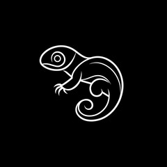 Simple line green chameleon on a tree branch logo icon design vector in trendy minimal outline style, abstract outline symbol