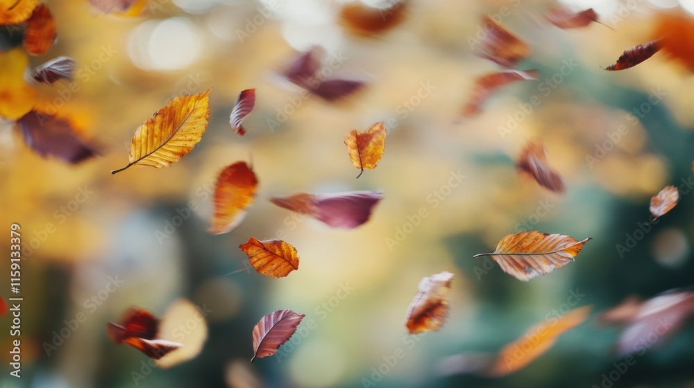 Poster a dynamic composition of colorful autumn leaves swirling in the wind against a blurred forest backgr