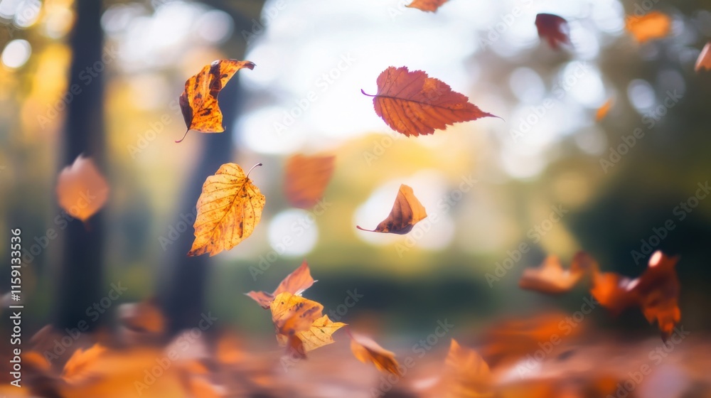 Aufkleber a dynamic composition of colorful autumn leaves swirling in the wind against a blurred forest backgr