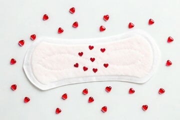 Women's sanitary napkin with heart-shaped decorations on light background
