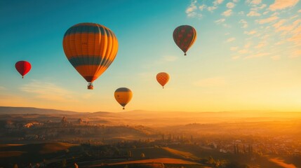 Obraz premium A dynamic composition of colorful hot air balloons rising into a clear blue sky at sunrise, aerial shot, Romantic style