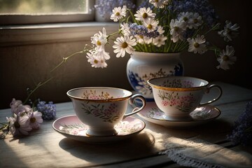 Fototapeta premium Cups of tea and beautiful flowers. Refined vintage dishes.