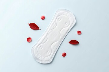 Women's sanitary napkin on light blue background with red flower petals, hygiene concept
