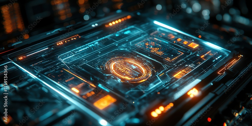 Poster digital interface displaying glowing data in a futuristic control room with high-tech features durin