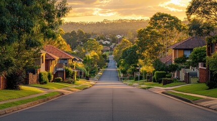 Obraz premium Suburban street at sunset, houses, trees, road. (1)
