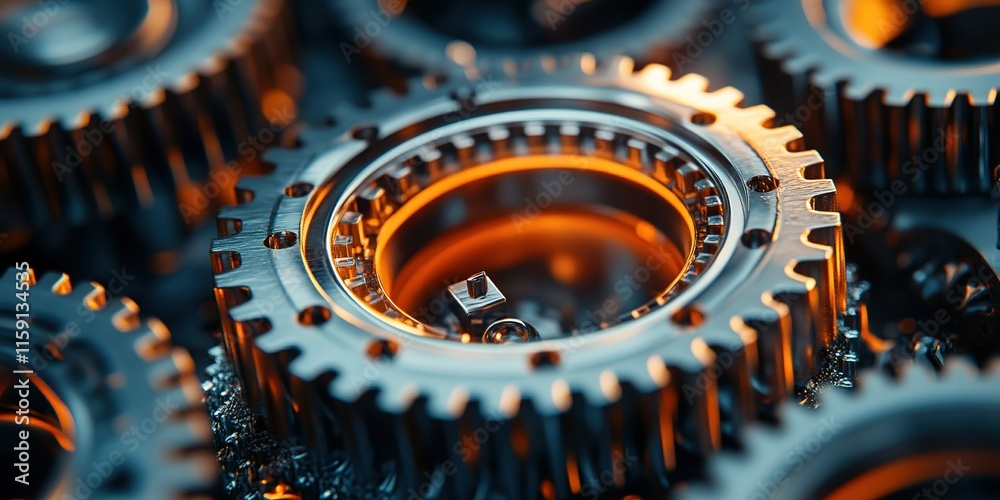Poster intricate gears with glowing elements showcase advanced engineering and mechanical design in a close