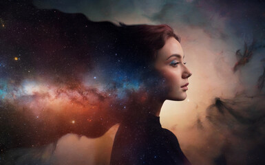Fototapeta premium A side profile of a woman's face, seemingly melding with a cosmic backdrop. Her hair flows seamlessly into a vibrant, multicolored nebula, with hues of blue, red, and orange.
