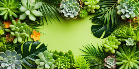 Fototapeta premium Lush Green Succulents Tropical Leaves Frame on Lime Background