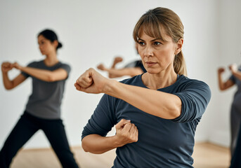 Group of athletes practicing self defense moves during workout session