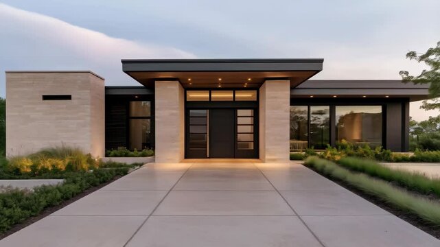 Front view of a modern luxury home featuring sleek minimalist architecture, clean landscaping, and warm lighting at dusk