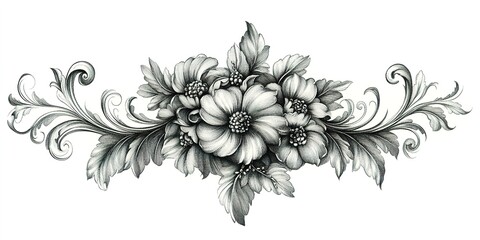 Intricate floral design with detailed leaves and blossoms in black and white