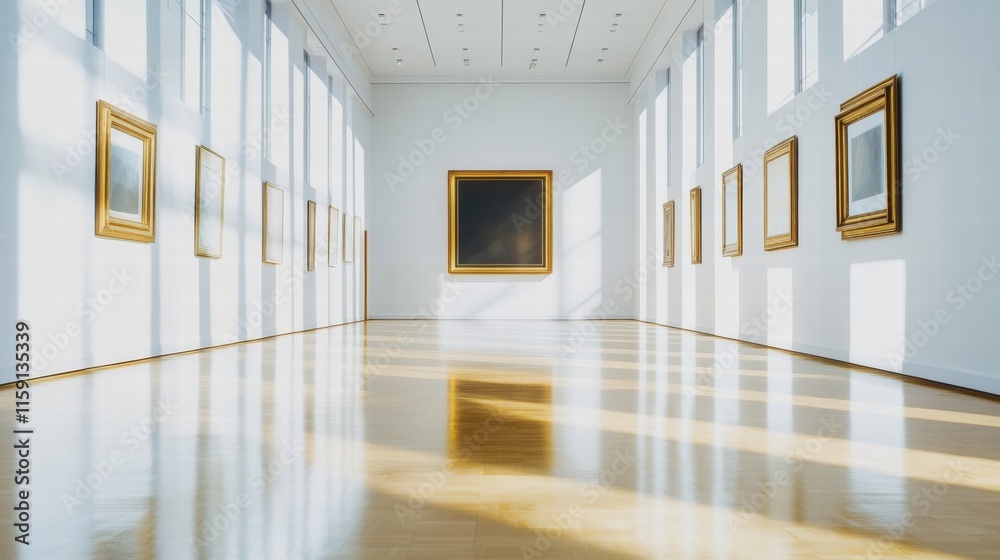 Poster luxurious art gallery featuring elegant sunlight and spacious layout with framed artworks on white w