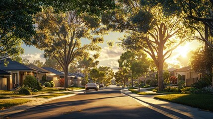 Idyllic suburban street at sunset, houses lined with trees.
