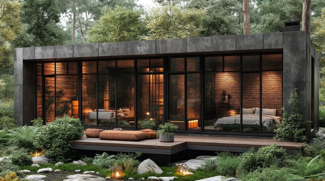 Modern cabin nestled in woods with glass walls and deck.