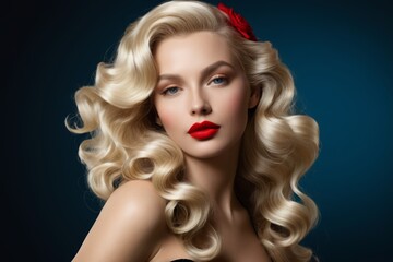 Fototapeta premium blond woman with red lips and curly hair posing for a picture