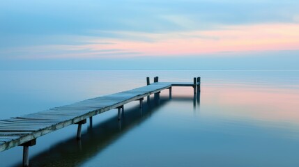 Naklejka premium Serene Lakeside Dawn: Tranquil Pier and Reflective Waters for Mindful Peace and Clarity