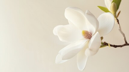 A graceful white magnolia against a soft ivory background, close-up shot, Minimalist style