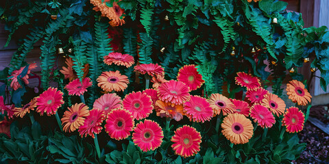 Vibrant Pink Orange Gerbera Daisies Floral Arrangement with Ferns
