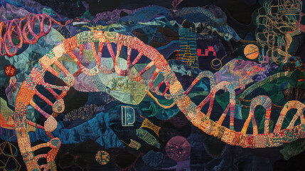 creative tapestry interpretation of DNA, showcasing vibrant colors and intricate patterns. This artwork blends science and art, evoking curiosity and wonder
