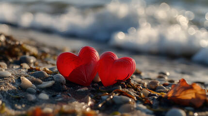 Fototapeta premium Red heart-shaped decorations on a sandy beach by the ocean for Valentine's Day. 