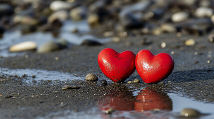 Fototapeta premium Hearts resting together on a sandy beach for Valentine's Day celebration. 