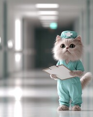 Cat as a nurse wearing scrubs and medical cap holder Adorable nurse cat in scrubs and medical cap Feline nurse ready to care in professional attire Whimsical cat dressed as a nurse with medical gear