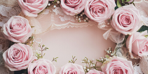Romantic Pink Roses Lace Frame Background