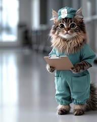 Cat as a nurse wearing scrubs and medical cap holder Adorable nurse cat in scrubs and medical cap Feline nurse ready to care in professional attire Whimsical cat dressed as a nurse with medical gear