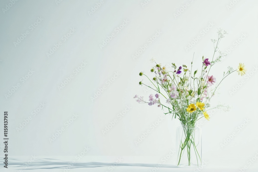 Aufkleber Minimalist still life of wildflowers in clear glass vase with ample space for text and creative designs. Generative AI