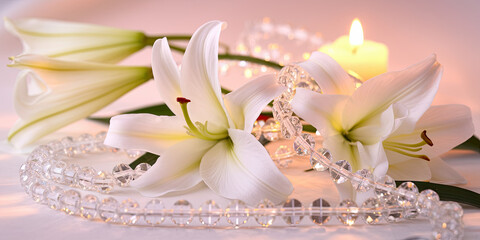 Elegant White Lilies with Crystal Beads Candlelight