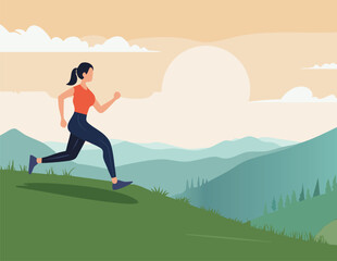 Silhouette of a girl running on a hill for fitness