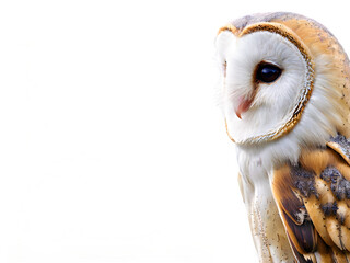 Naklejka premium A barn owl perched silently, with its heart-shaped face and delicate feathers highlighted against a plain white backdrop. 