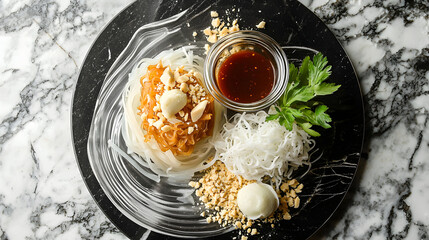 Deconstructed Pad Thai with Noodles and Protein on Marble Plate