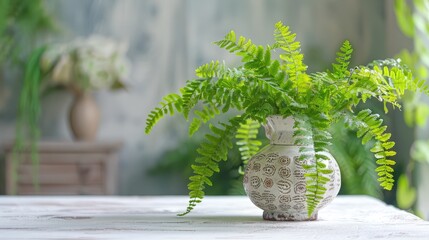 A delicate, frilly, maidenhair fern leaf rests on a white table, with a lovely, antique vase behind