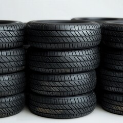 Brand new black tires with detailed treads stacked in a warehouse. Industrial automotive equipment showcasing quality, safety, and readiness for transportation needs.