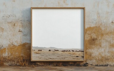 Blank white poster framed in natural wood, set against an image of early humans migrating across vast plains, with a herd of wild animals in the distance