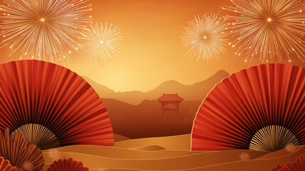 A vibrant Chinese New Year-themed design featuring traditional elements like red lanterns, gold coins, and blooming cherry blossoms, arranged artfully around a clean negative space ideal for text 