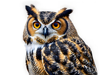 Obraz premium A great horned owl with its distinctive tufts and intense gaze, perched majestically against a stark white background. 