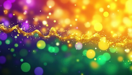 Vibrant Abstract Background with Glitter and Bokeh Lights in Yellow, Orange, Green, and Purple for Festive and Celebration Themes