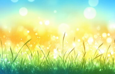 Obraz premium Vibrant Abstract Background with Soft Bokeh and Grass in Gradient Shades of Blue, Yellow, and Green Perfect for Nature and Seasonal Themes