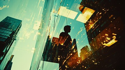 vibrant double exposure of an urban landscape combined with abstract light patterns, creating a fusion of structure and organic movement. [abstract]:[background] 