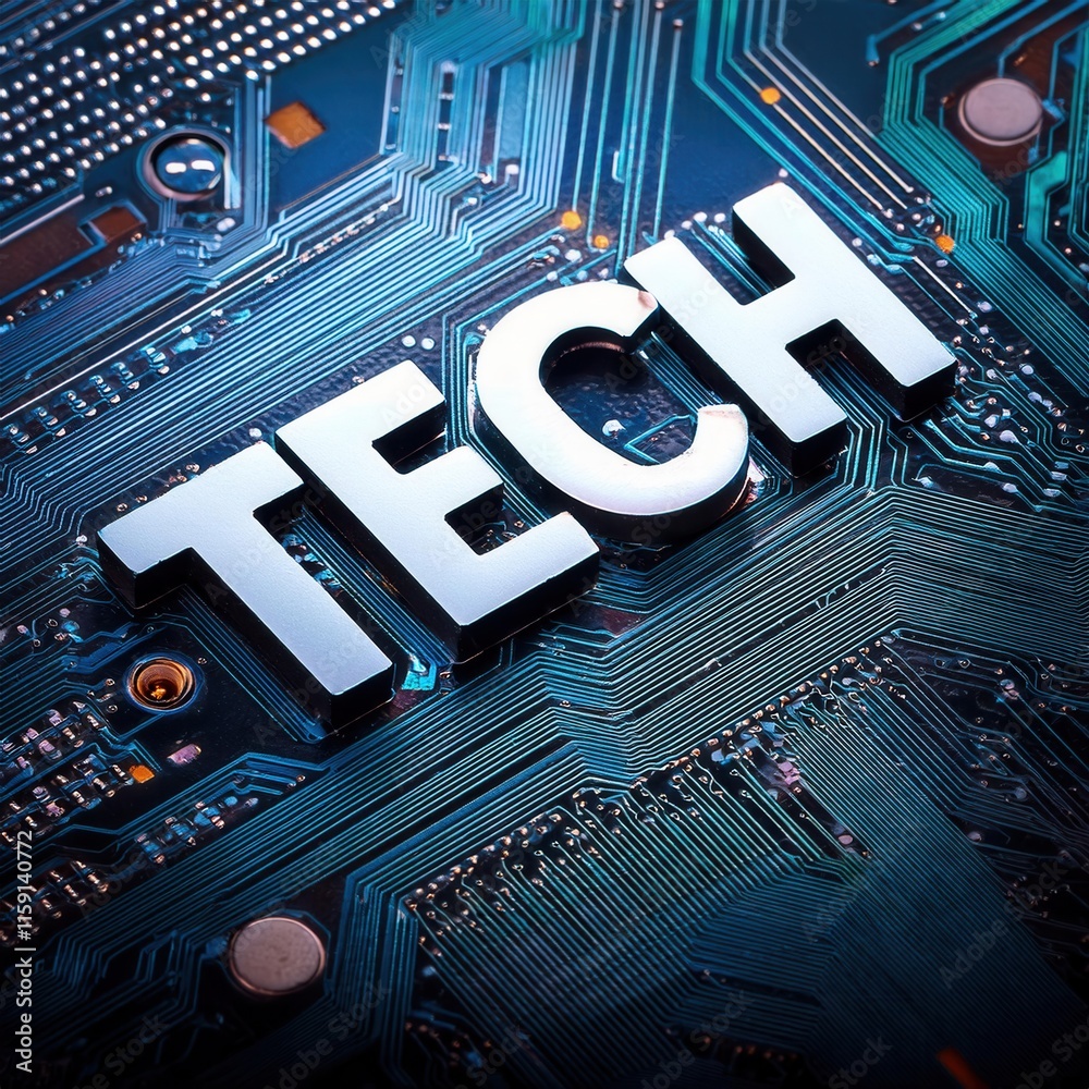 Poster tech circuit board background with bold 'tech' text