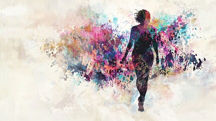 dynamic composition of a dancer’s silhouette, intertwined with abstract, colorful patterns that seem to flow into a soft, neutral-toned natural backdrop. [abstract]:[background] 