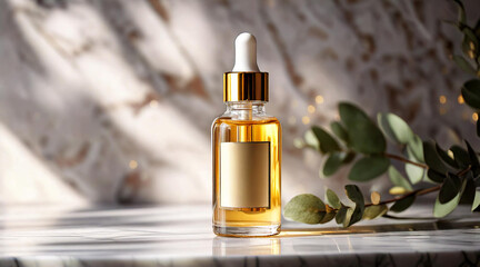 A mockup of a glass serum bottle with a dropper, elegantly arranged on a marble countertop with soft light reflections.