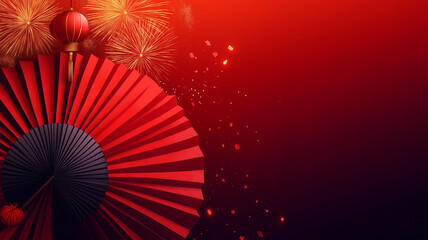 A vibrant Chinese New Year-themed design featuring traditional elements like red lanterns, gold coins, and blooming cherry blossoms, arranged artfully around a clean negative space ideal for text 