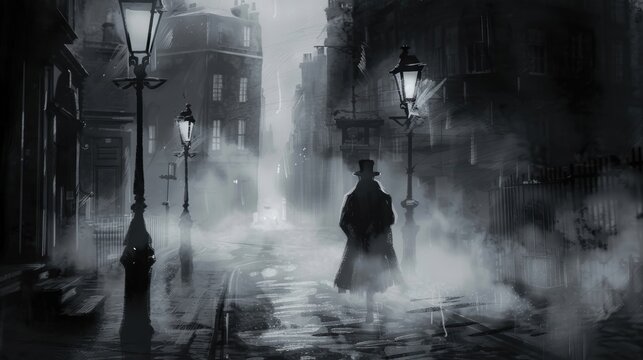 Victorian London Mystery: Jack the Ripper in Foggy Streets for Historical Artwork