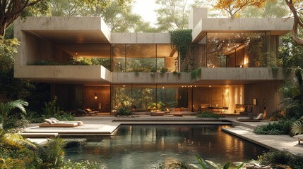Modern concrete house with pool, nestled in lush jungle.