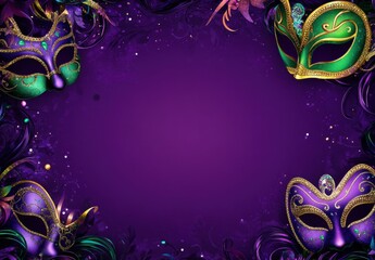 Vibrant and Colorful Carnival Masks on Rich Purple Background Ideal for Festive Invitations and Celebrations Design and Artwork