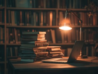 Cozy library with wooden table, lamp, and laptop surrounded by books and warm lighting, perfect for study, reading, and intellectual inspiration in a tranquil setting.
